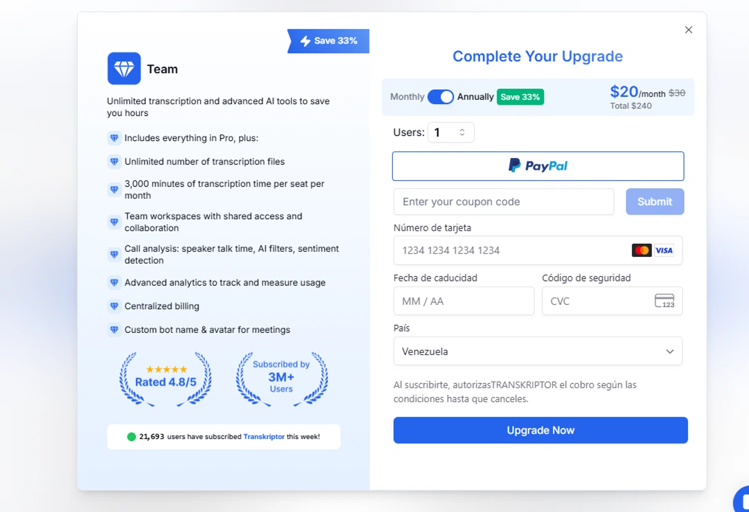 Transkriptor checkout page showing Transkriptor promo code box | Screenshot taken by SimplyCodes community member on Sep 22, 2025