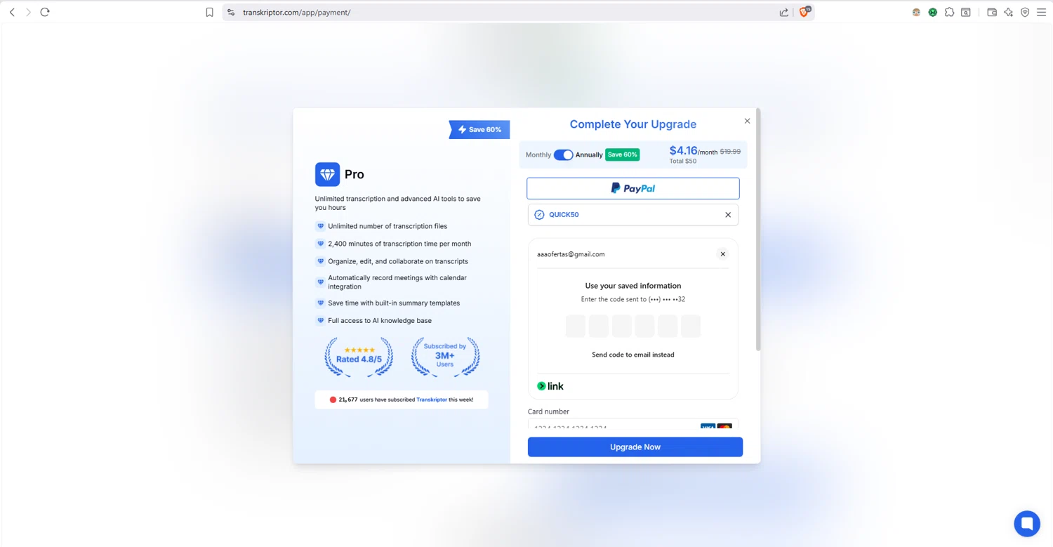 Transkriptor checkout page showing Transkriptor promo code box | Screenshot taken by SimplyCodes community member on Jan 4, 2026