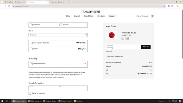 Transparent checkout page showing Transparent discount code box | Screenshot taken by SimplyCodes community member on Aug 18, 2025