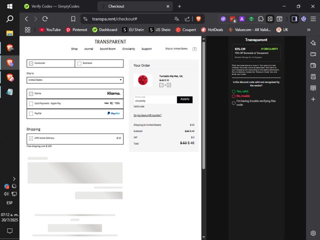 Transparent checkout page showing Transparent discount code box | Screenshot taken by SimplyCodes community member on Jul 20, 2025