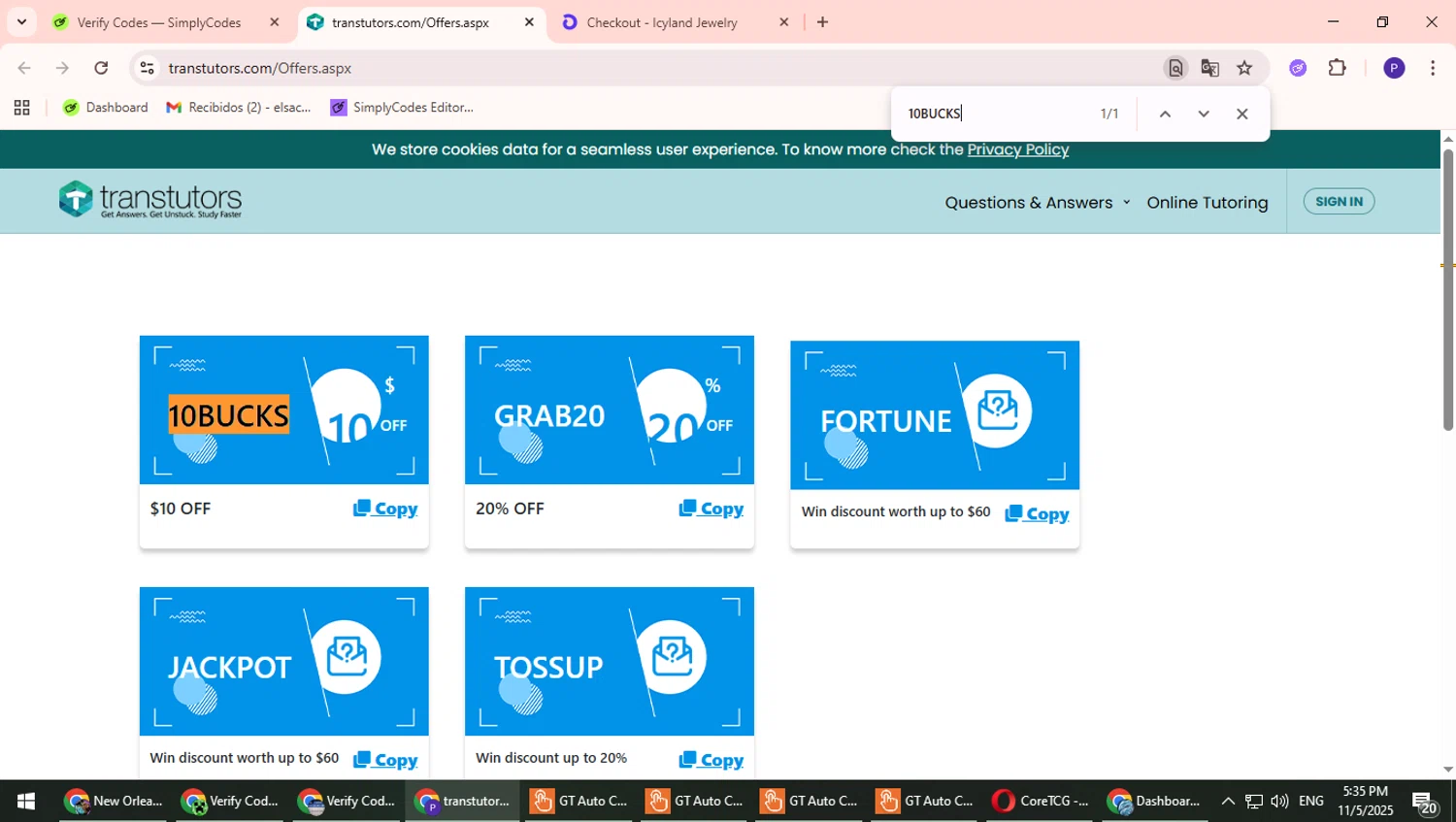 Transtutors promo code screenshot showing code 10BUCKS applied at Transtutors checkout page. Uploaded by SimplyCodes community member Suicune on Nov 5, 2025