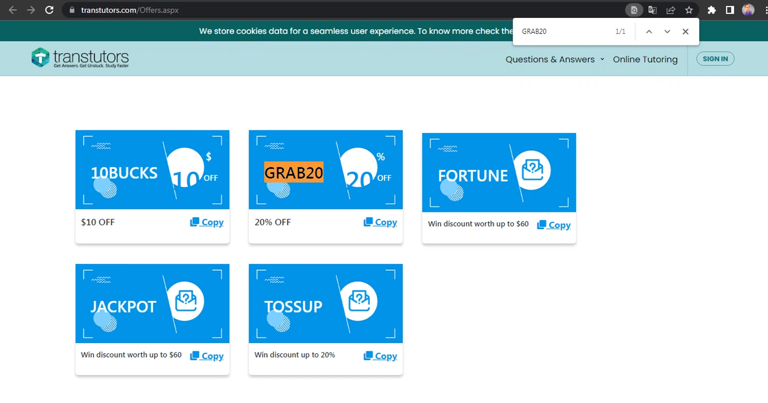 Transtutors promo code screenshot showing code GRAB20 applied at Transtutors checkout page. Uploaded by SimplyCodes community member HUNTER1406 on Feb 27, 2025