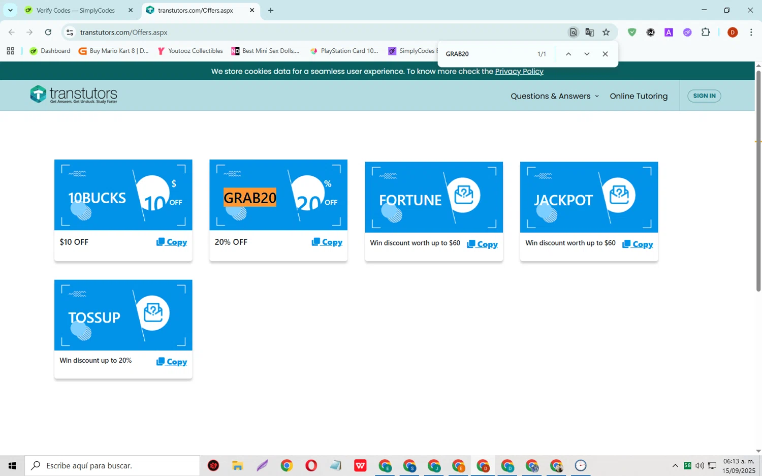 Transtutors promo code screenshot showing code GRAB20 applied at Transtutors checkout page. Uploaded by SimplyCodes community member SaleSaver3540 on Sep 15, 2025