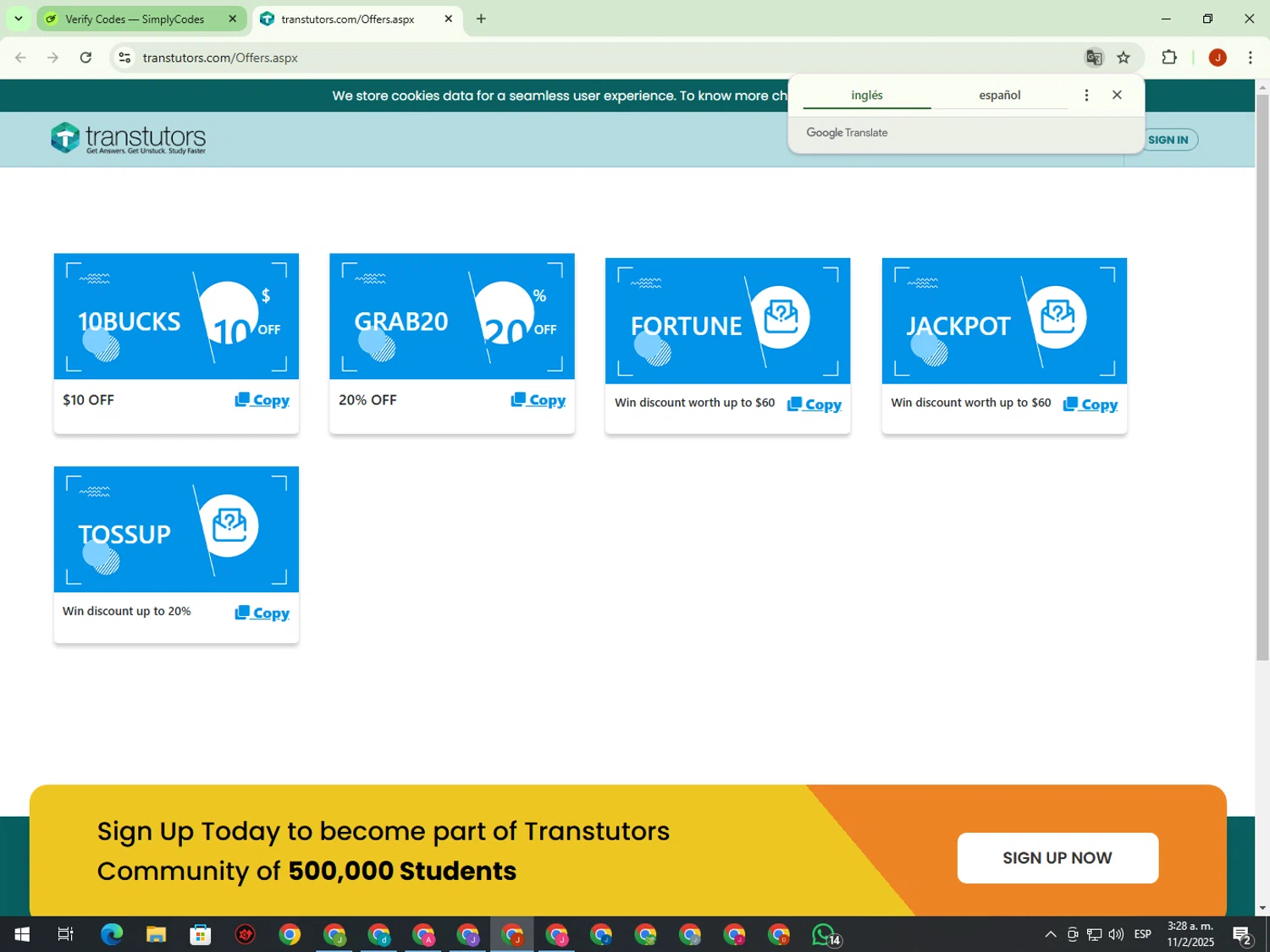 Transtutors promo code screenshot showing code JACKPOT applied at Transtutors checkout page. Uploaded by SimplyCodes community member KimDokja on Feb 11, 2025