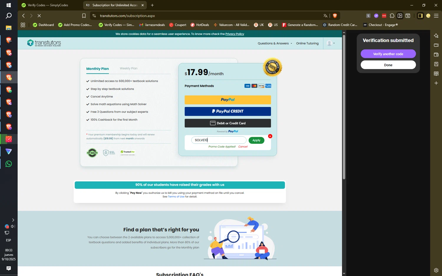 Transtutors checkout page showing Transtutors promo code box | Screenshot taken by SimplyCodes community member on Oct 9, 2025