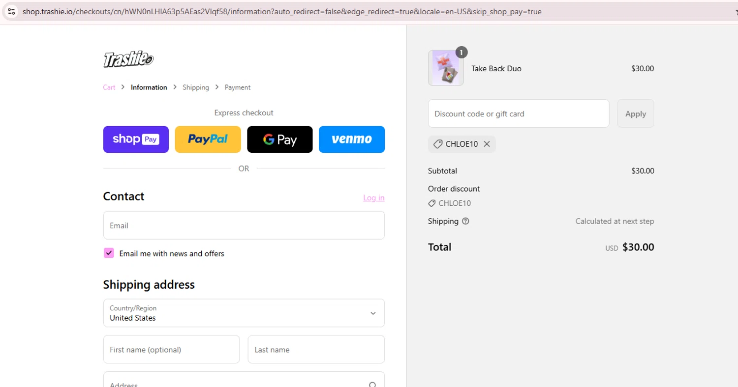 Trashie discount code screenshot showing code CHLOE10 applied at Trashie checkout page. Uploaded by SimplyCodes community member Teamgorila on Jul 19, 2025