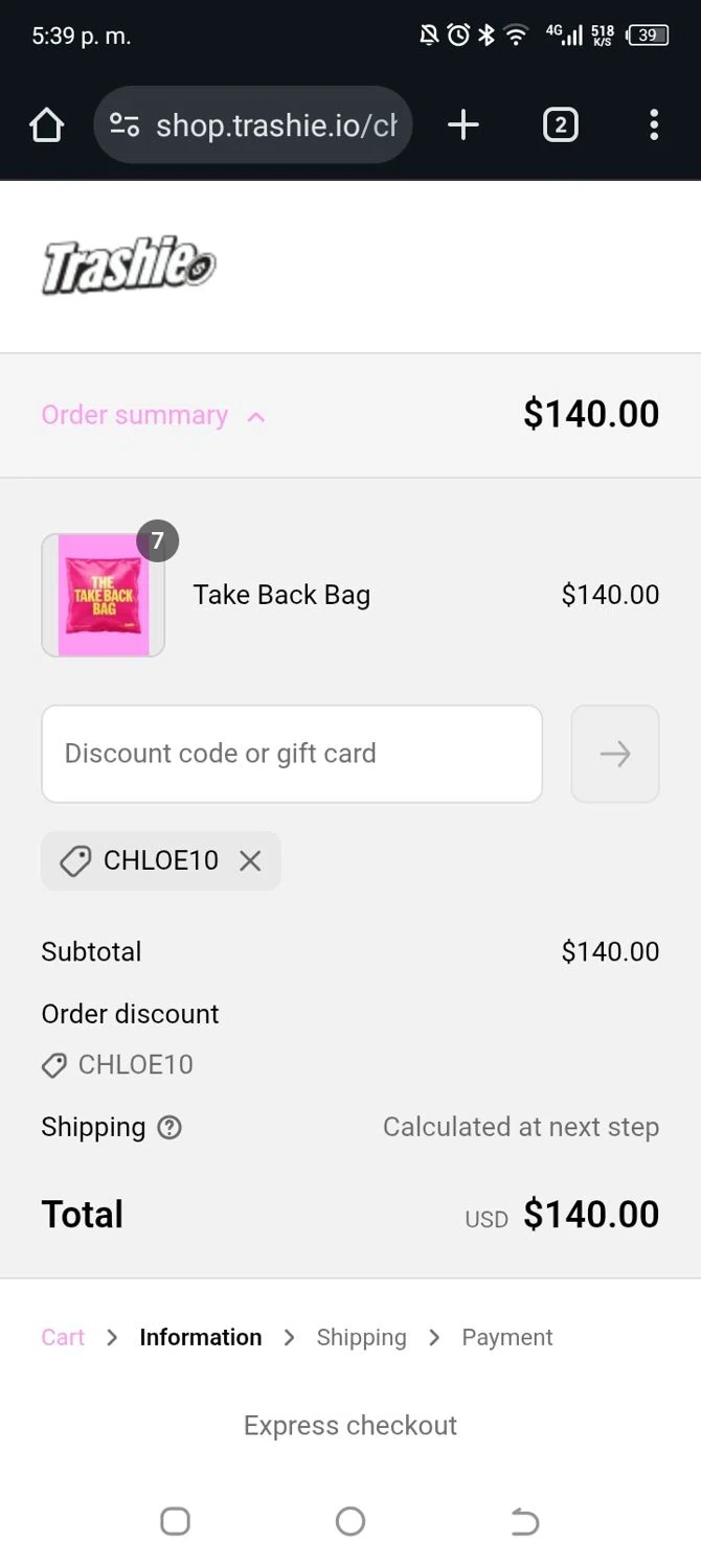 Trashie discount code screenshot showing code CHLOE10 applied at Trashie checkout page. Uploaded by SimplyCodes community member simplyyycodeess on Jul 11, 2025