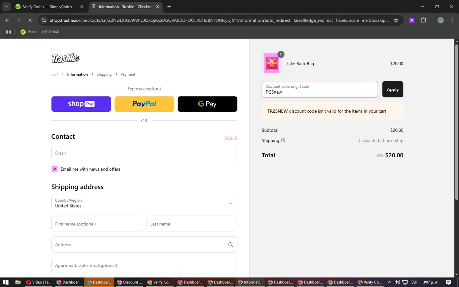 Trashie discount code screenshot showing code Tr25new applied at Trashie checkout page. Uploaded by SimplyCodes community member Laureandiaz on Mar 11, 2025