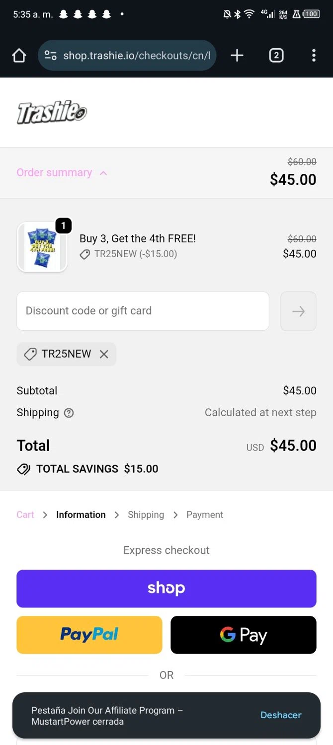 Trashie discount code screenshot showing code Tr25new applied at Trashie checkout page. Uploaded by SimplyCodes community member Sasuk3 on Oct 7, 2025
