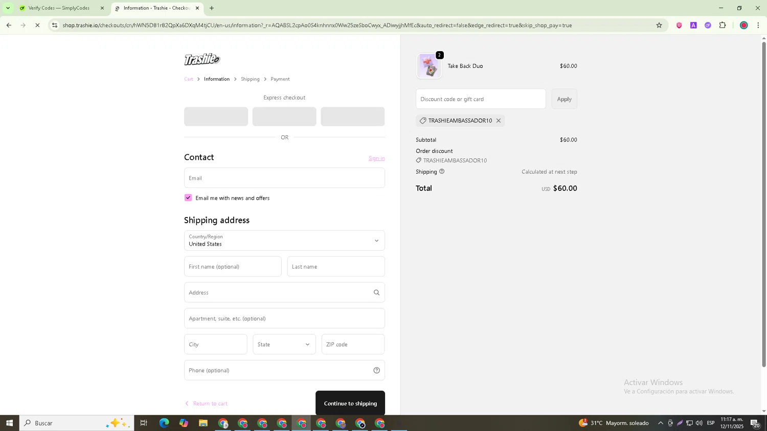 Trashie discount code screenshot showing code TRASHIEAMBASSADOR10 applied at Trashie checkout page. Uploaded by SimplyCodes community member David_Garcia on Nov 12, 2025