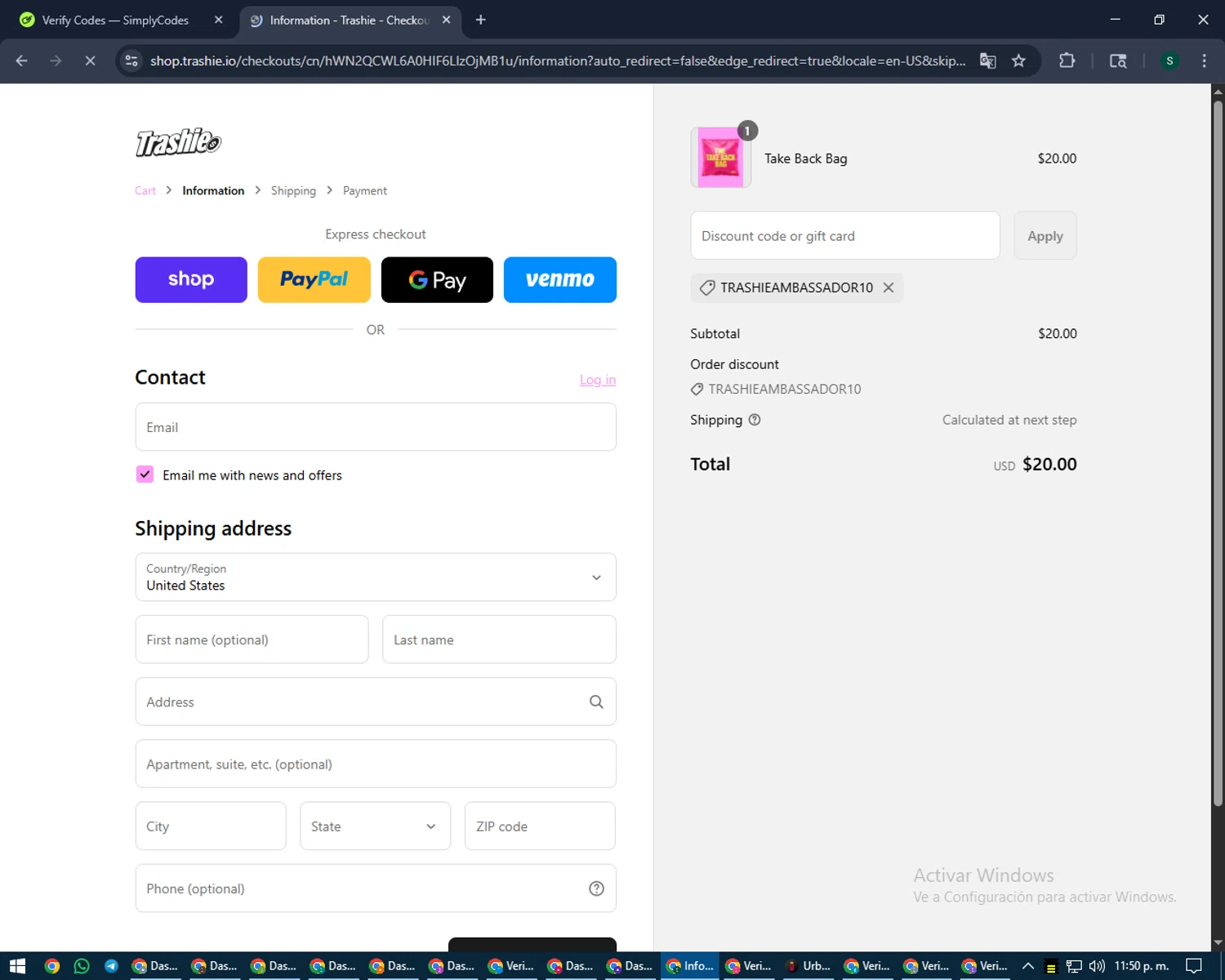Trashie discount code screenshot showing code TRASHIEAMBASSADOR10 applied at Trashie checkout page. Uploaded by SimplyCodes community member lilMosey on Aug 31, 2025