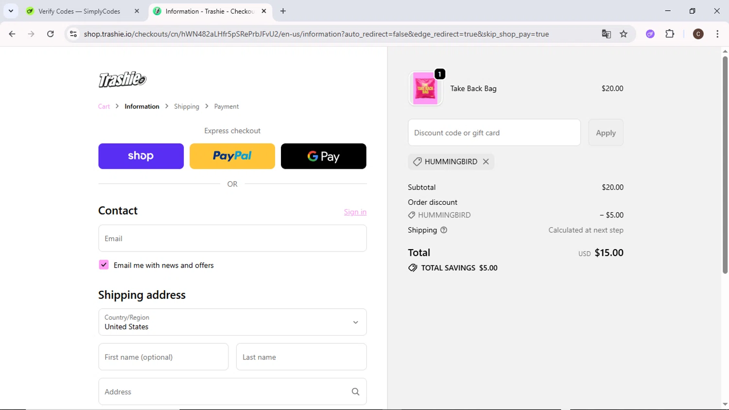 Trashie discount code screenshot showing code HUMMINGBIRD applied at Trashie checkout page. Uploaded by SimplyCodes community member MoneyPilot9634 on Oct 15, 2025