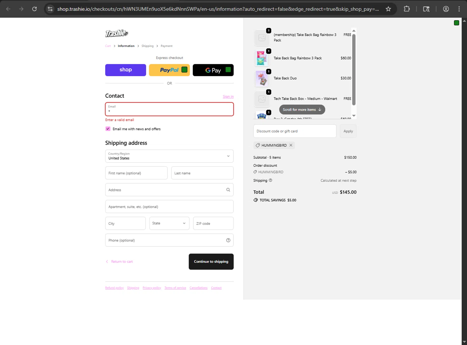 Trashie discount code screenshot showing code HUMMINGBIRD applied at Trashie checkout page. Uploaded by SimplyCodes community member megagei on Sep 28, 2025