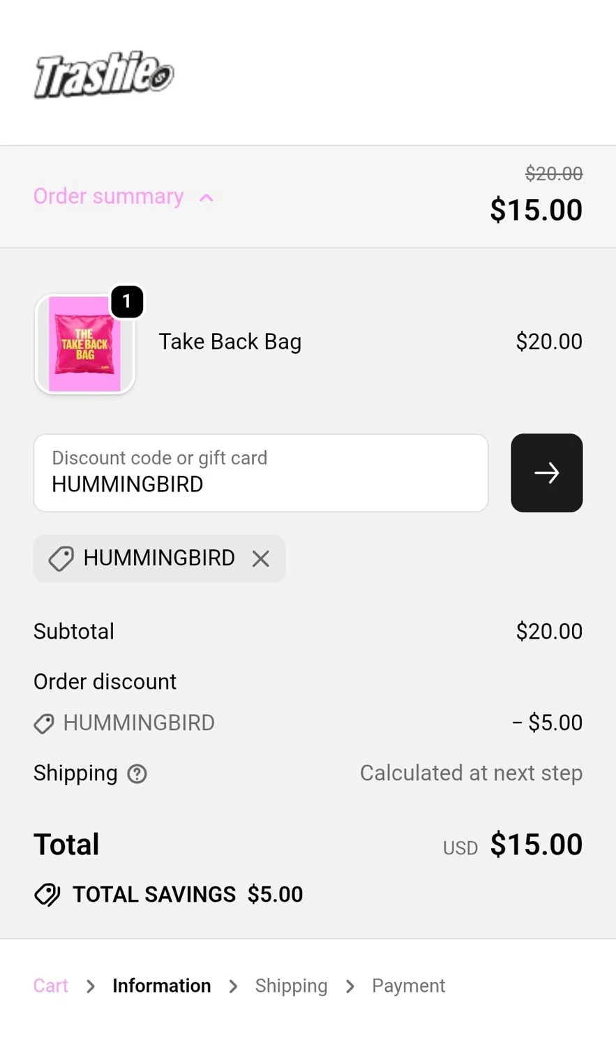 Trashie discount code screenshot showing code HUMMINGBIRD applied at Trashie checkout page. Uploaded by SimplyCodes community member JuanMonge on Sep 28, 2025