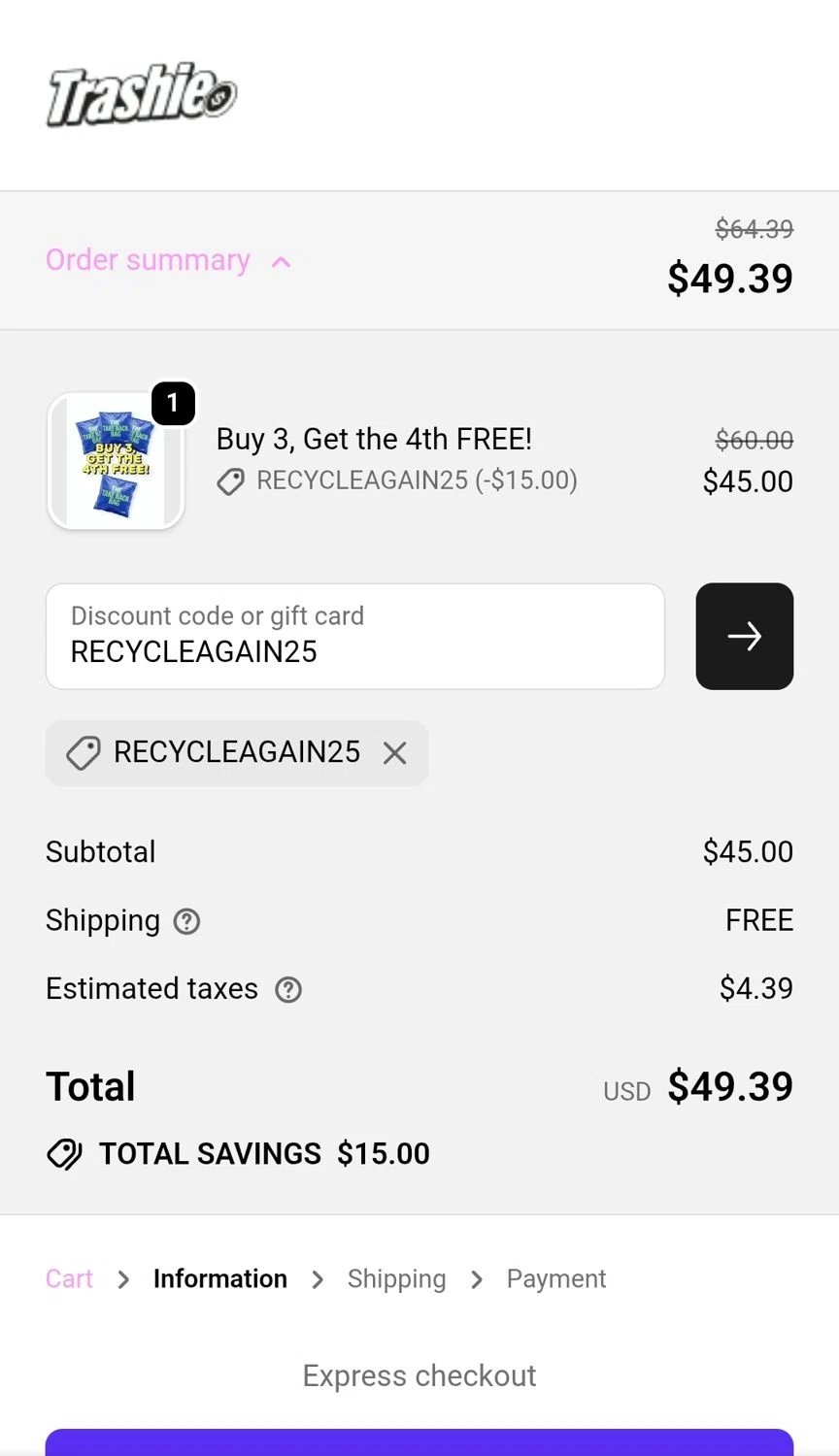 Trashie discount code screenshot showing code RECYCLEAGAIN25 applied at Trashie checkout page. Uploaded by SimplyCodes community member JuanMonge on Sep 28, 2025