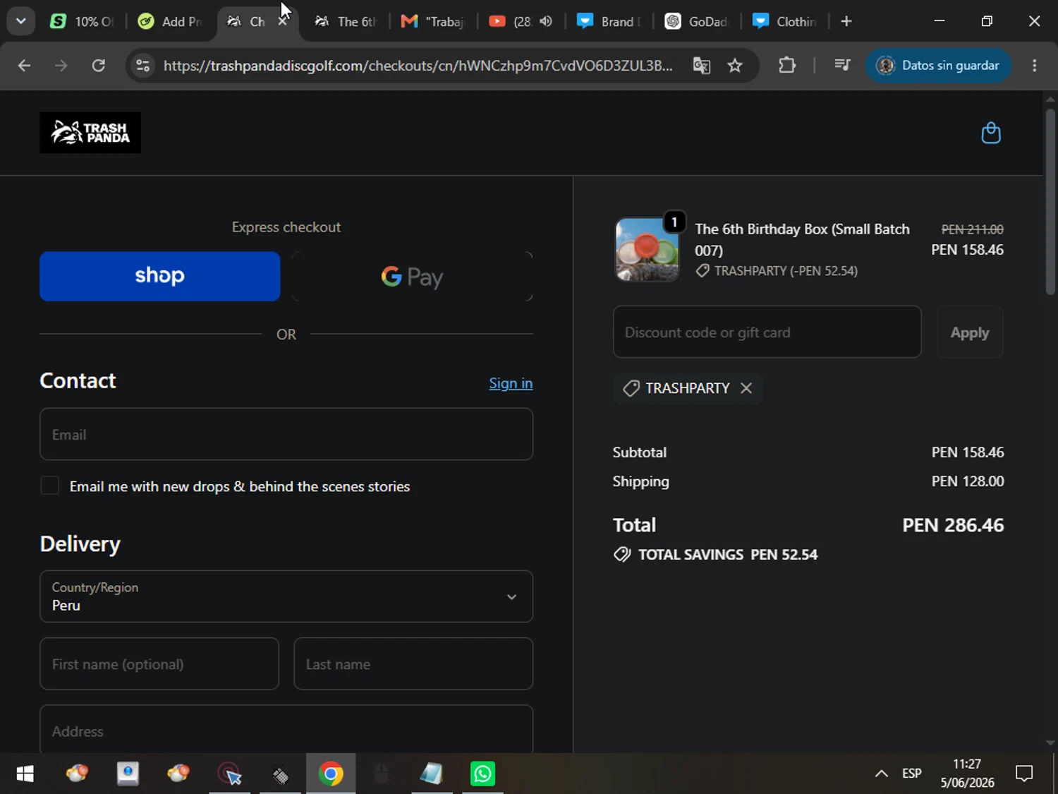 Trash Panda Disc Golf promo code screenshot showing code trashparty applied at Trash Panda Disc Golf checkout page. Uploaded by SimplyCodes community member MarcosAranguren on Jun 5, 2026