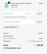 WELCOMEBACK coupon verification screenshot
