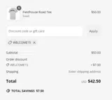 welcome15 coupon verification screenshot