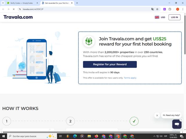 Travala.com checkout page showing Travala.com discount code box | Screenshot taken by SimplyCodes community member on Aug 12, 2025