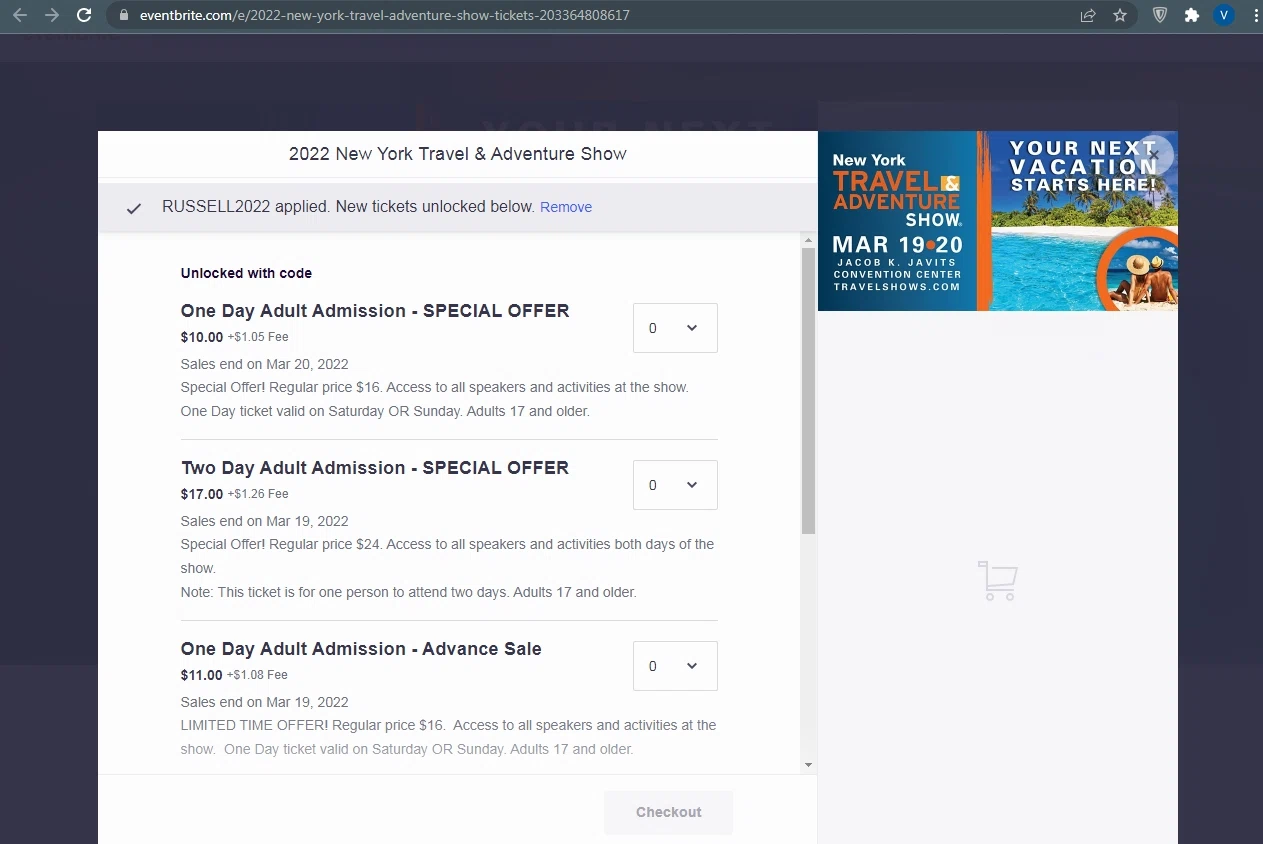 Travel & Adventure Show checkout page showing Travel & Adventure Show promo code box | Screenshot taken by SimplyCodes community member on Feb 22, 2022