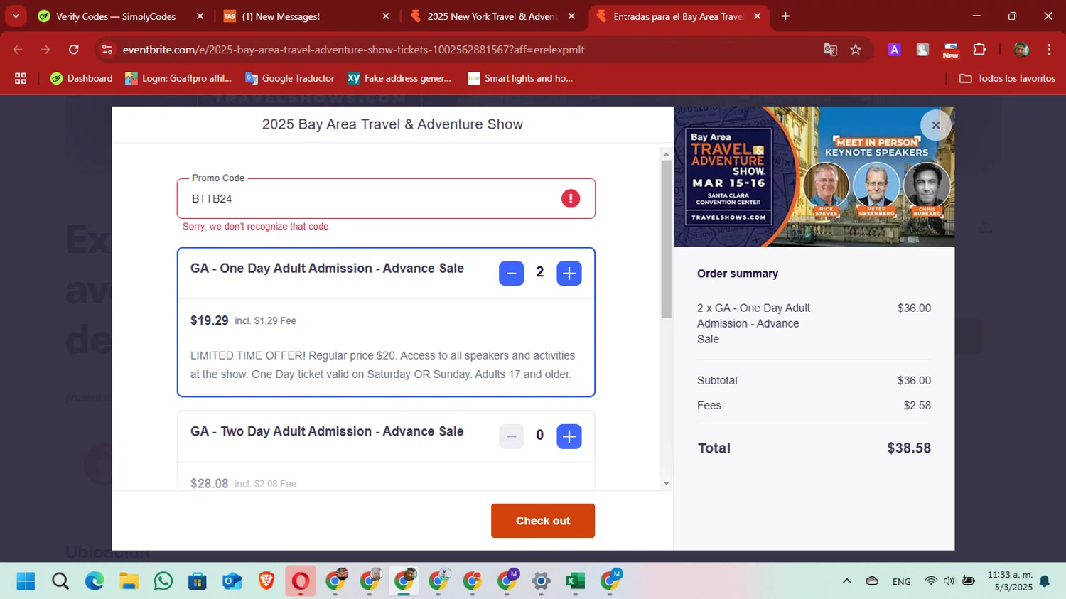 Travel & Adventure Show promo code screenshot showing code BTTB24 applied at Travel & Adventure Show checkout page. Uploaded by SimplyCodes community member David_Gut_Sonic on Mar 5, 2025