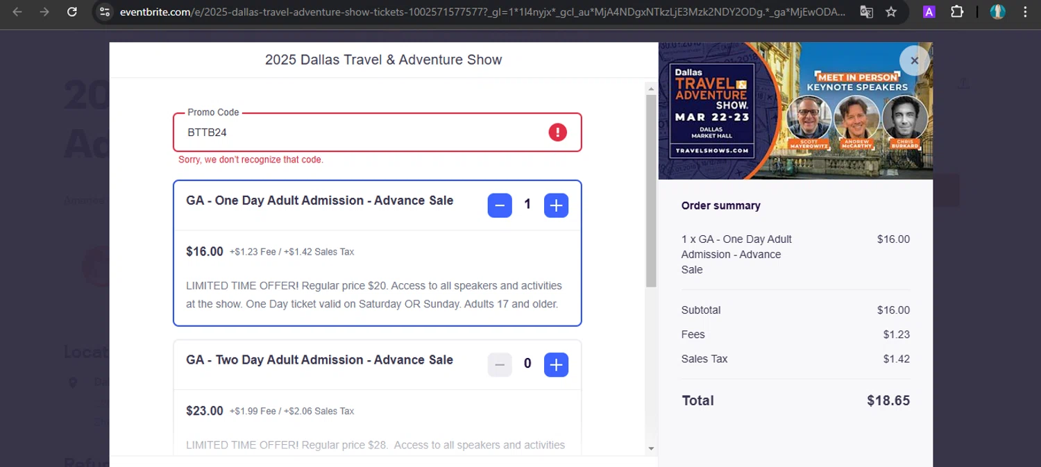 Travel & Adventure Show promo code screenshot showing code BTTB24 applied at Travel & Adventure Show checkout page. Uploaded by SimplyCodes community member GoldTracker5558 on Feb 15, 2025