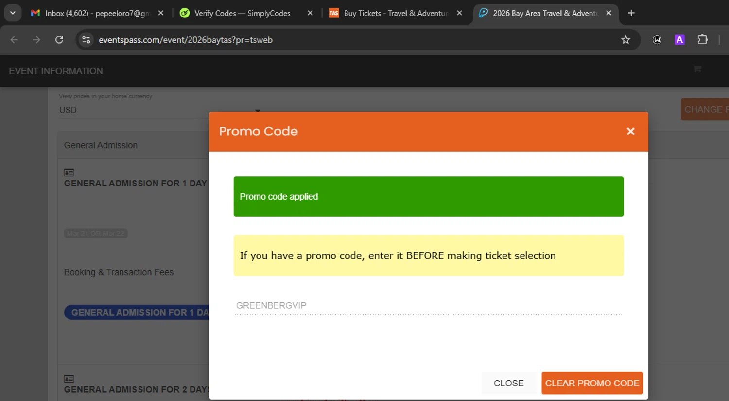 Travel & Adventure Show promo code screenshot showing code GREENBERGVIP applied at Travel & Adventure Show checkout page. Uploaded by SimplyCodes community member Eminem on Feb 15, 2026