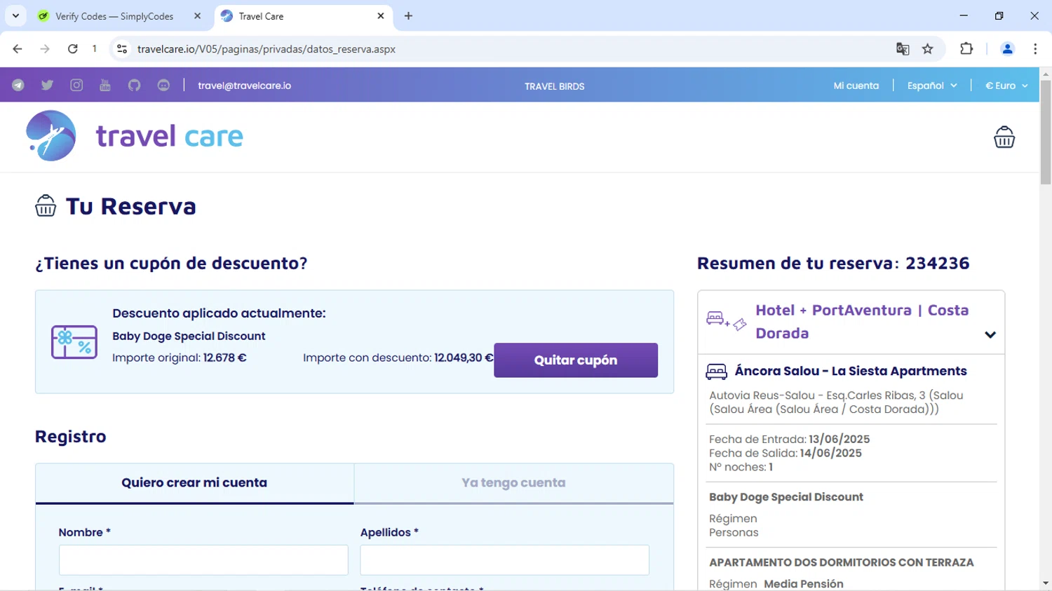 Travel Care promo code screenshot showing code BabyDoge applied at Travel Care checkout page. Uploaded by SimplyCodes community member Dizlike on Jun 13, 2025