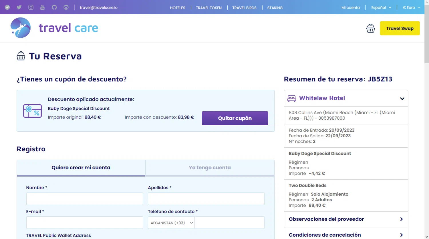 Travel Care checkout page showing Travel Care promo code box | Screenshot taken by SimplyCodes community member on Sep 12, 2023