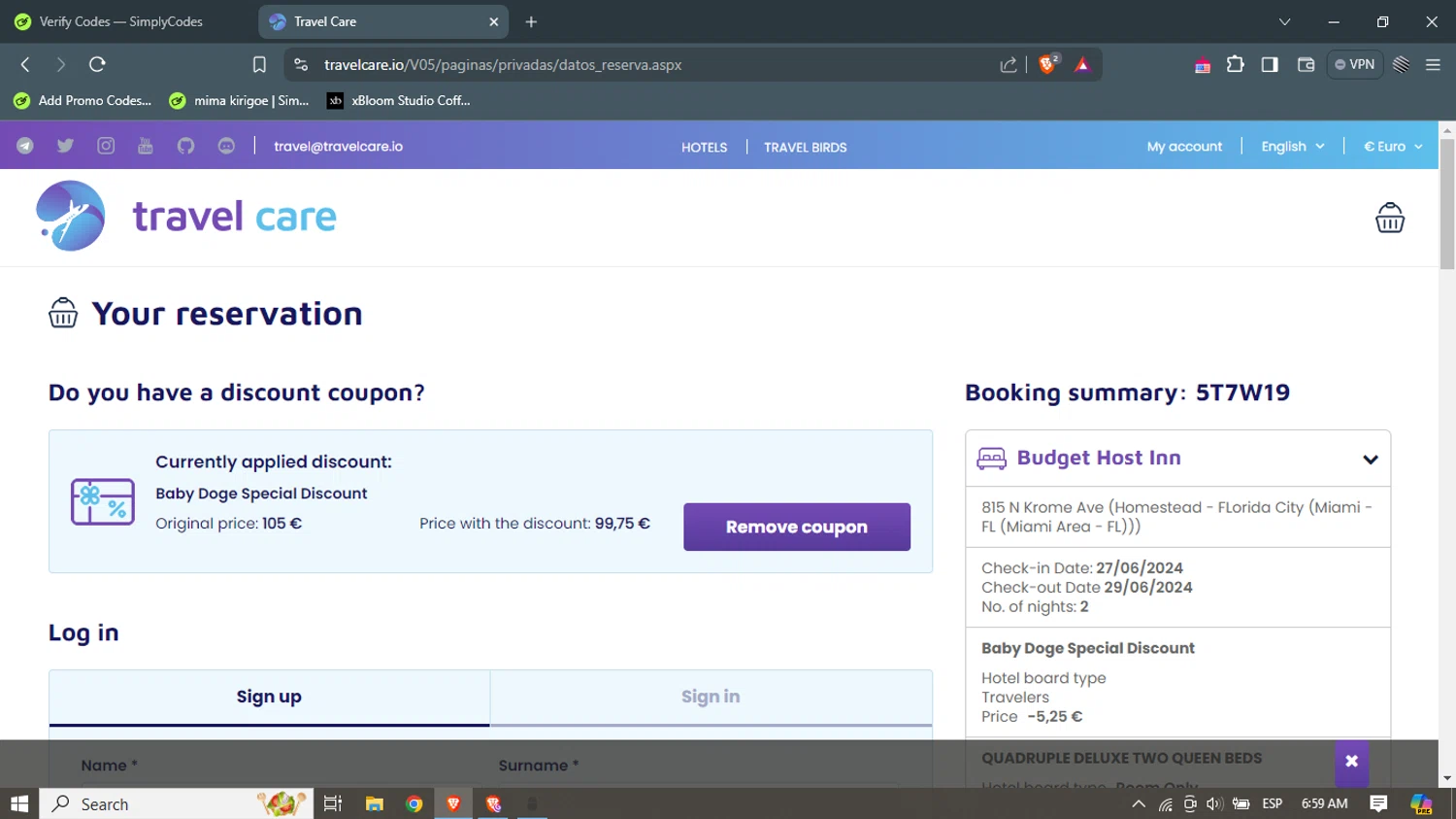 Travel Care checkout page showing Travel Care promo code box | Screenshot taken by SimplyCodes community member on Jun 25, 2024