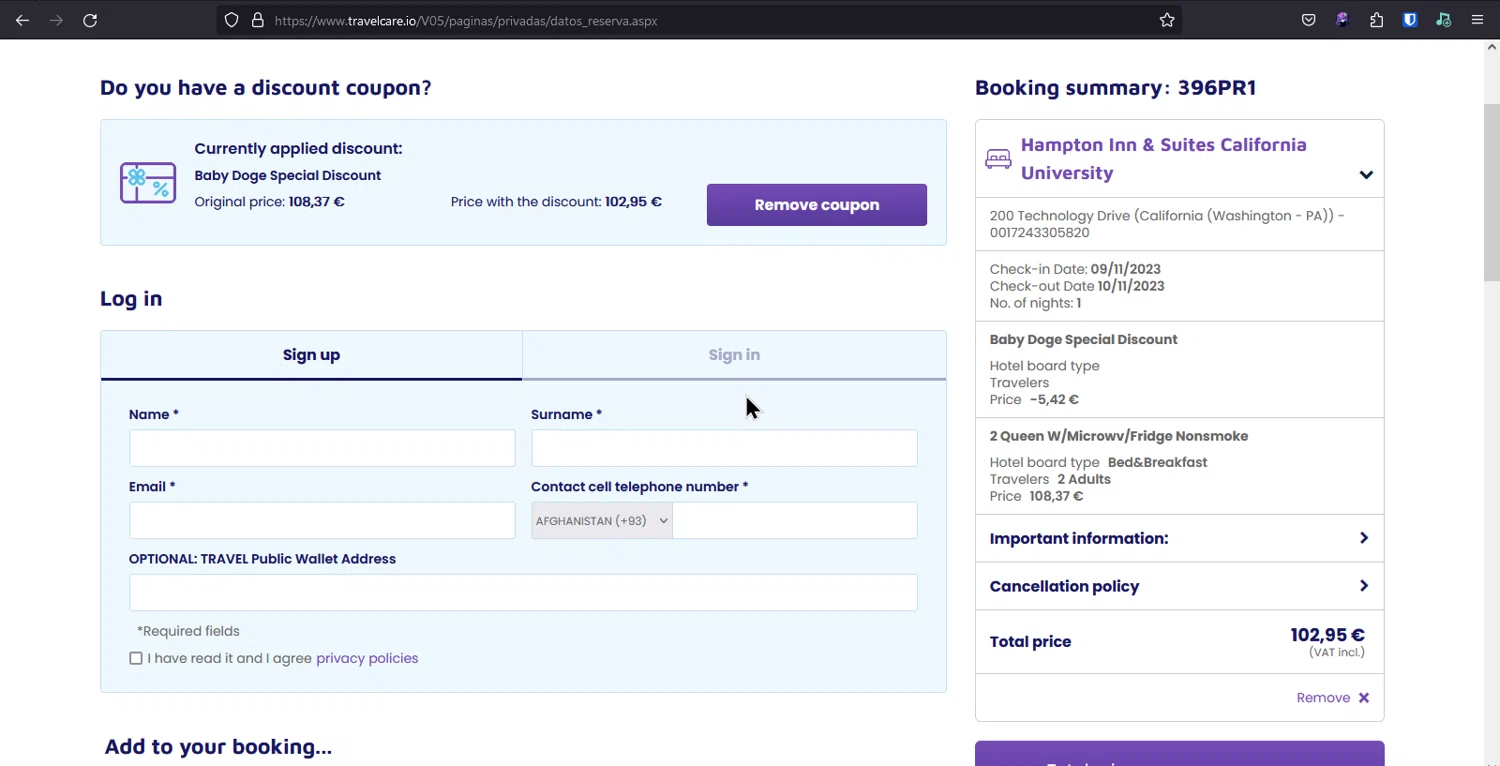 Travel Care checkout page showing Travel Care promo code box | Screenshot taken by SimplyCodes community member on Nov 9, 2023
