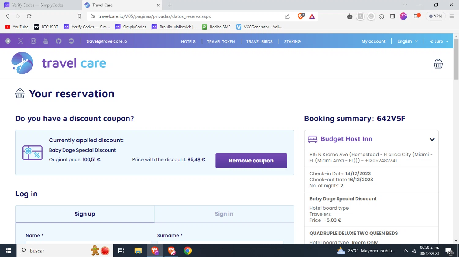 Travel Care checkout page showing Travel Care promo code box | Screenshot taken by SimplyCodes community member on Dec 8, 2023