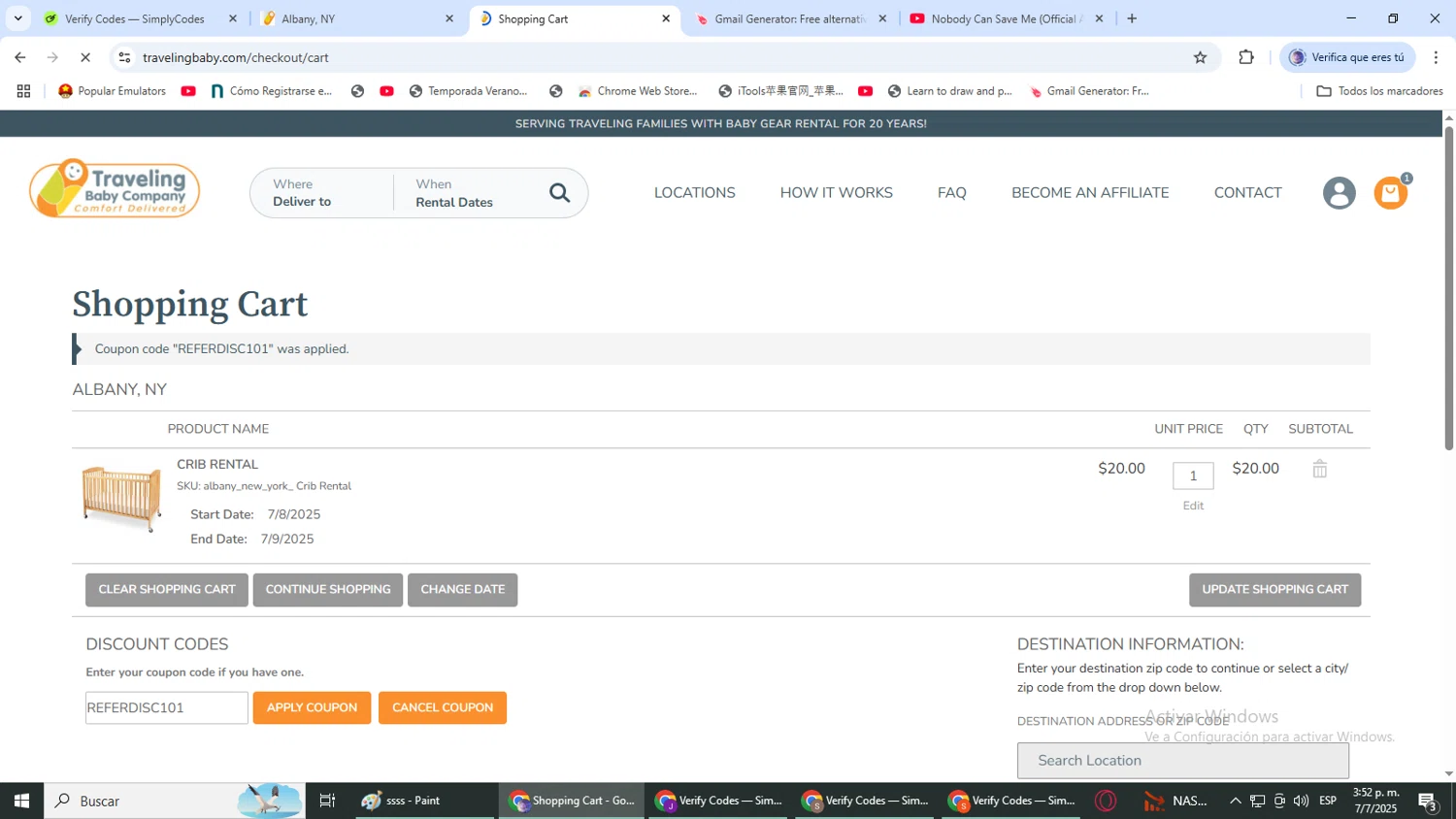 Traveling Baby Company promo code screenshot showing code REFERDISC101 applied at Traveling Baby Company checkout page. Uploaded by SimplyCodes community member DealLynx6506 on Jul 7, 2025