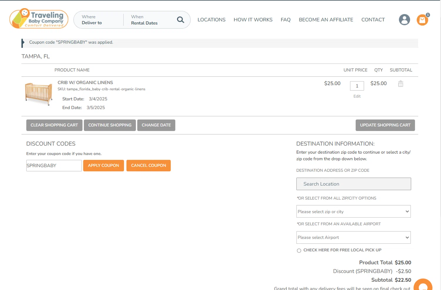 Traveling Baby Company promo code screenshot showing code SPRINGBABY applied at Traveling Baby Company checkout page. Uploaded by SimplyCodes community member MagnificentSaver708 on Mar 4, 2025