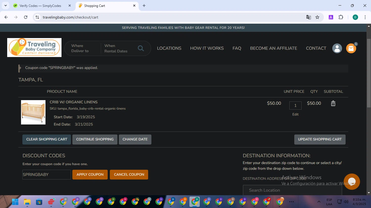 Traveling Baby Company promo code screenshot showing code SPRINGBABY applied at Traveling Baby Company checkout page. Uploaded by SimplyCodes community member NobleSleuth2804 on Mar 4, 2025