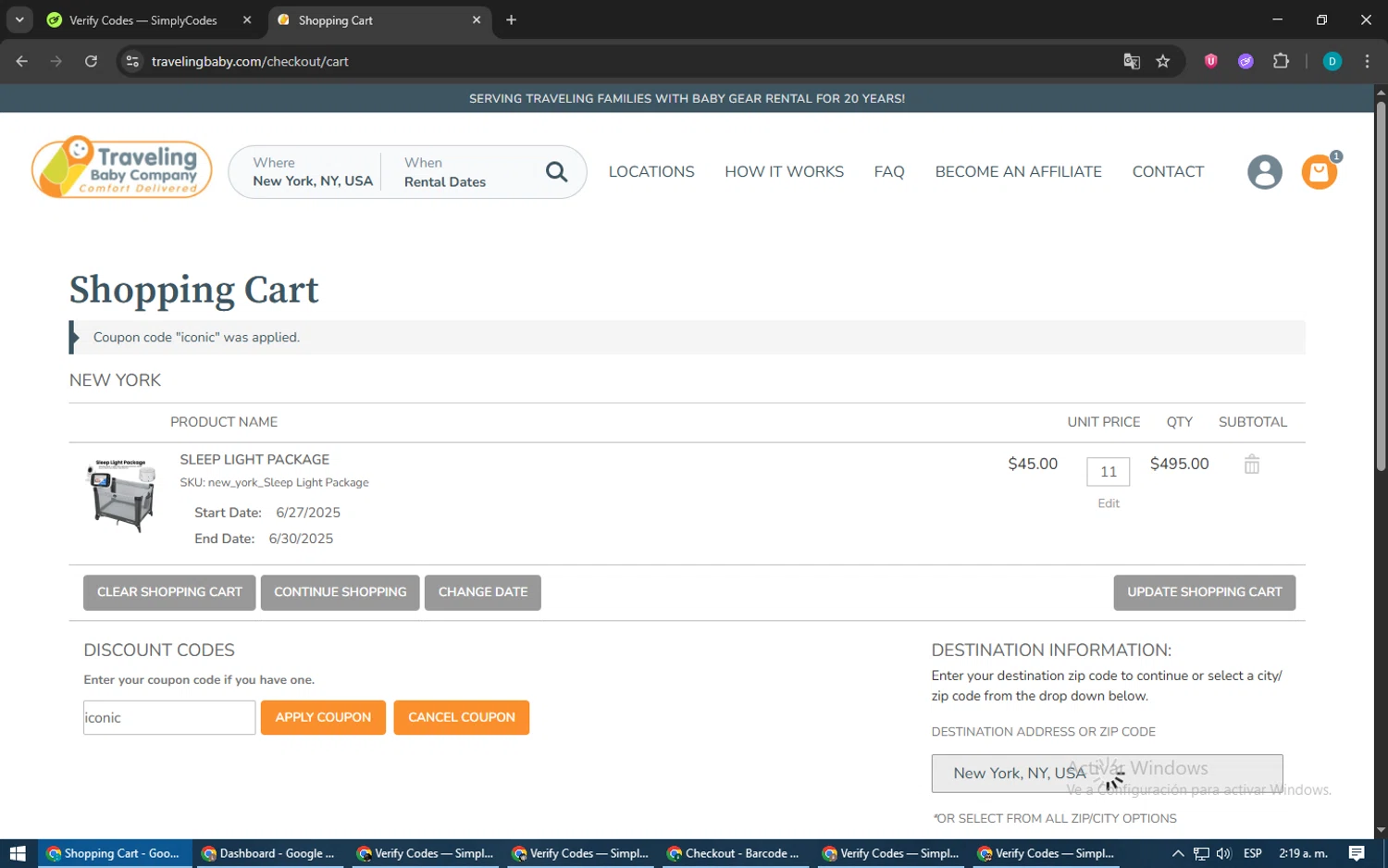 Traveling Baby Company promo code screenshot showing code iconic applied at Traveling Baby Company checkout page. Uploaded by SimplyCodes community member BonusPilot3825 on Jun 19, 2025