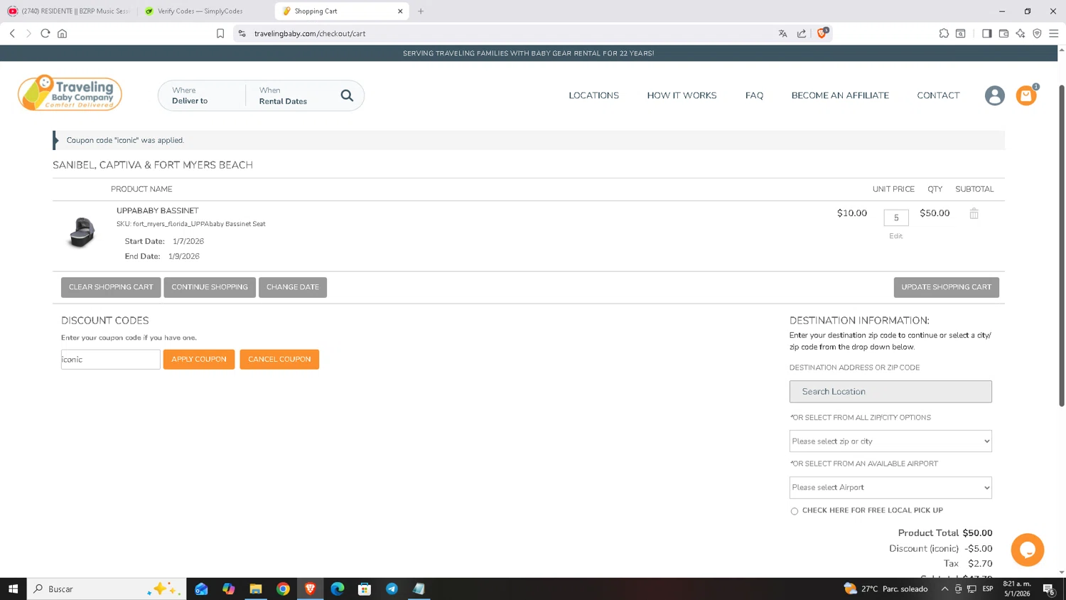 Traveling Baby Company checkout page showing Traveling Baby Company promo code box | Screenshot taken by SimplyCodes community member on Jan 5, 2026