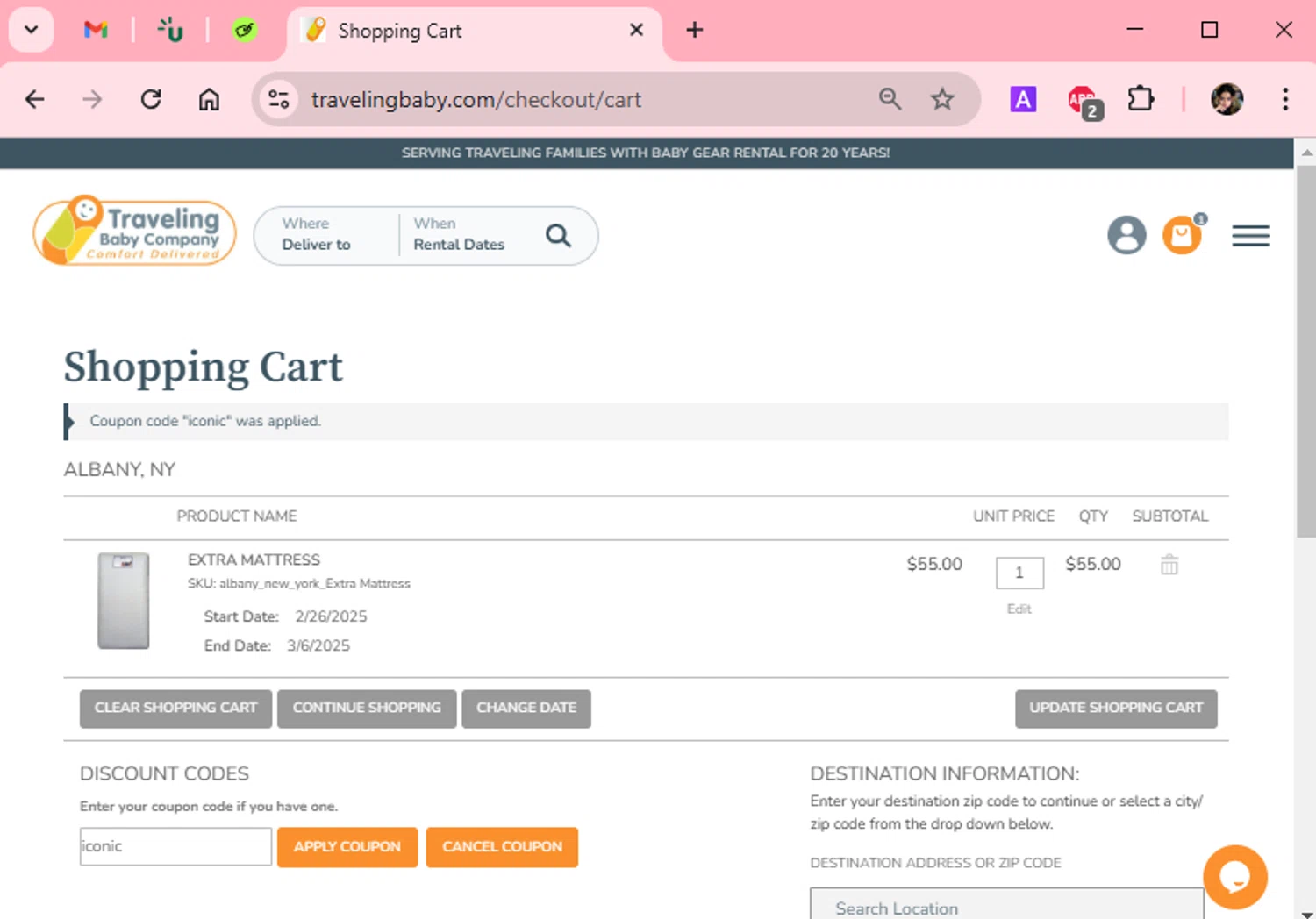 Traveling Baby Company promo code screenshot showing code iconic applied at Traveling Baby Company checkout page. Uploaded by SimplyCodes community member Scarleth_2GGD on Feb 11, 2025