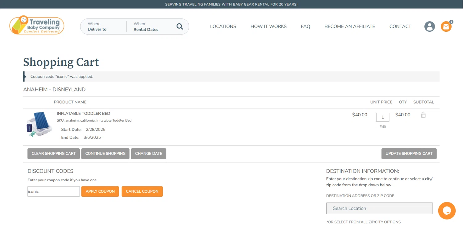 Traveling Baby Company promo code screenshot showing code iconic applied at Traveling Baby Company checkout page. Uploaded by SimplyCodes community member dimitriv on Feb 28, 2025
