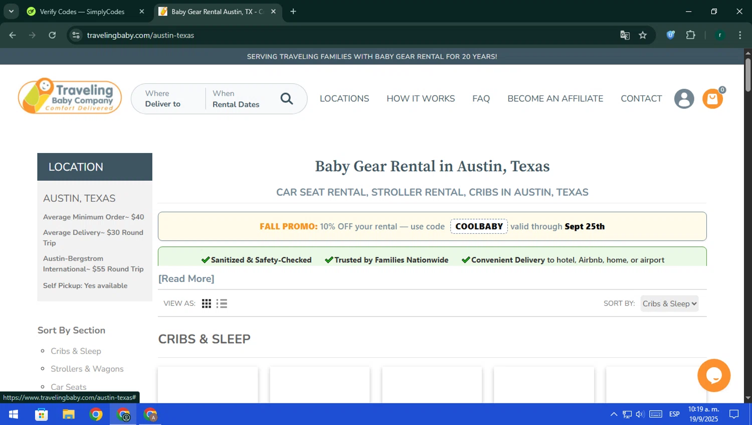 Traveling Baby Company promo code screenshot showing code COOLBABY applied at Traveling Baby Company checkout page. Uploaded by SimplyCodes community member rodri1 on Sep 19, 2025