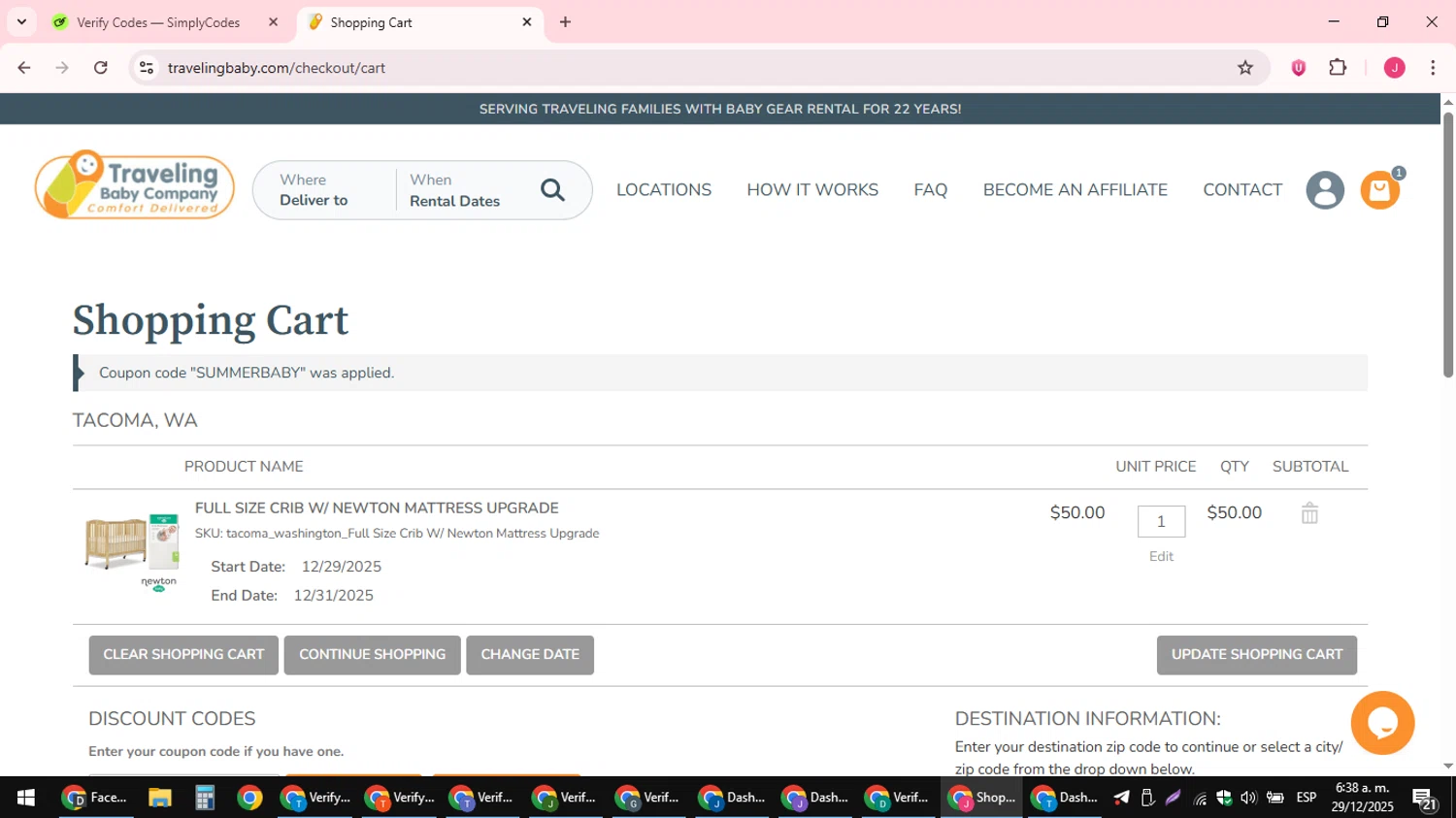 Traveling Baby Company promo code screenshot showing code SUMMERBABY applied at Traveling Baby Company checkout page. Uploaded by SimplyCodes community member JackWilson63 on Dec 29, 2025