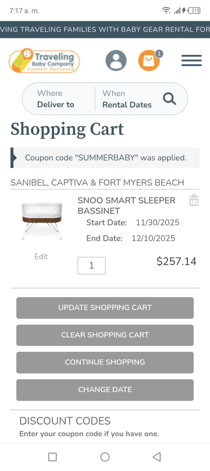 Traveling Baby Company promo code screenshot showing code SUMMERBABY applied at Traveling Baby Company checkout page. Uploaded by SimplyCodes community member tumiedo on Nov 30, 2025