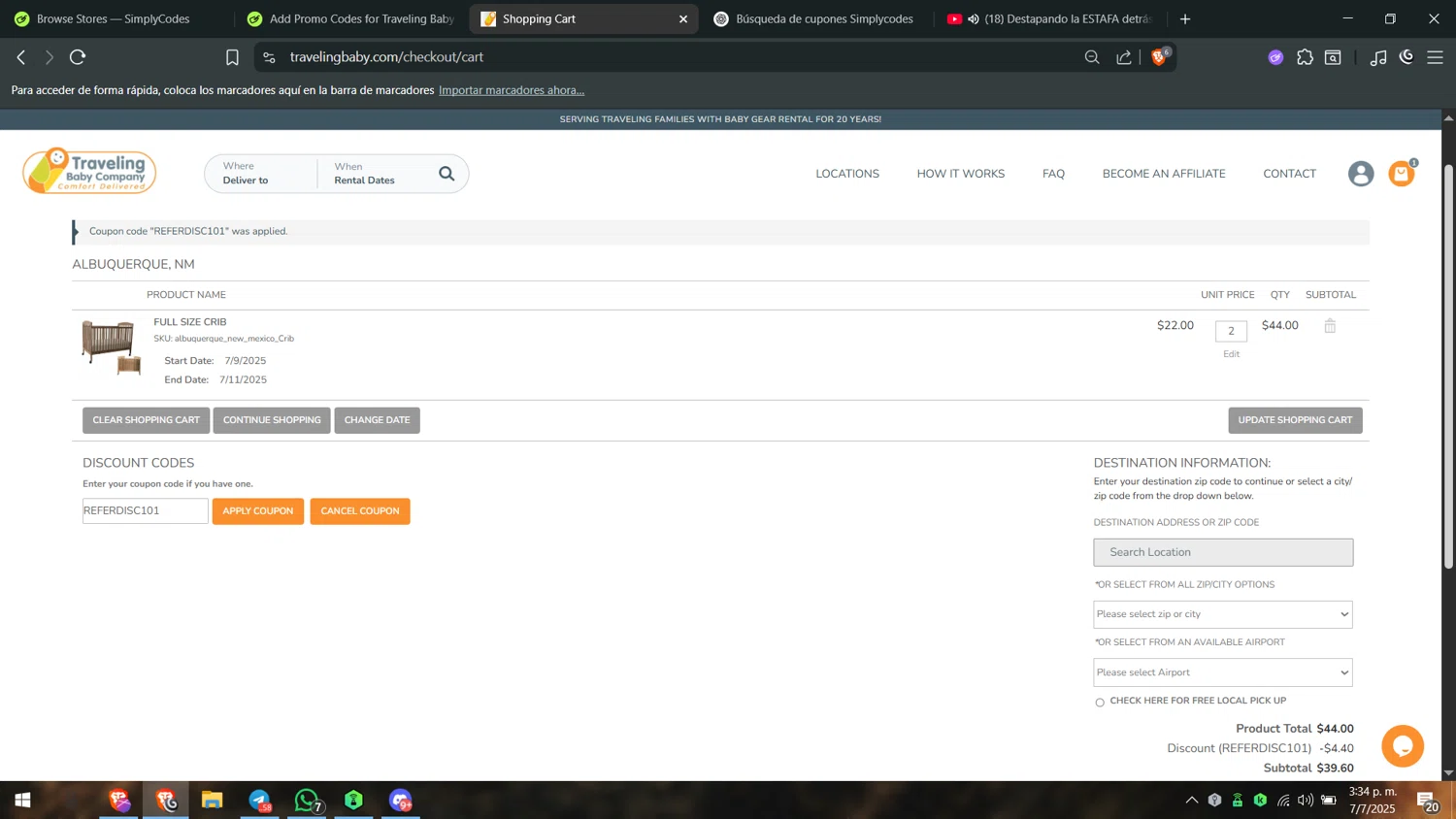 Traveling Baby Company promo code screenshot showing code REFERDISC101 applied at Traveling Baby Company checkout page. Uploaded by SimplyCodes community member juanvargas1 on Jul 7, 2025