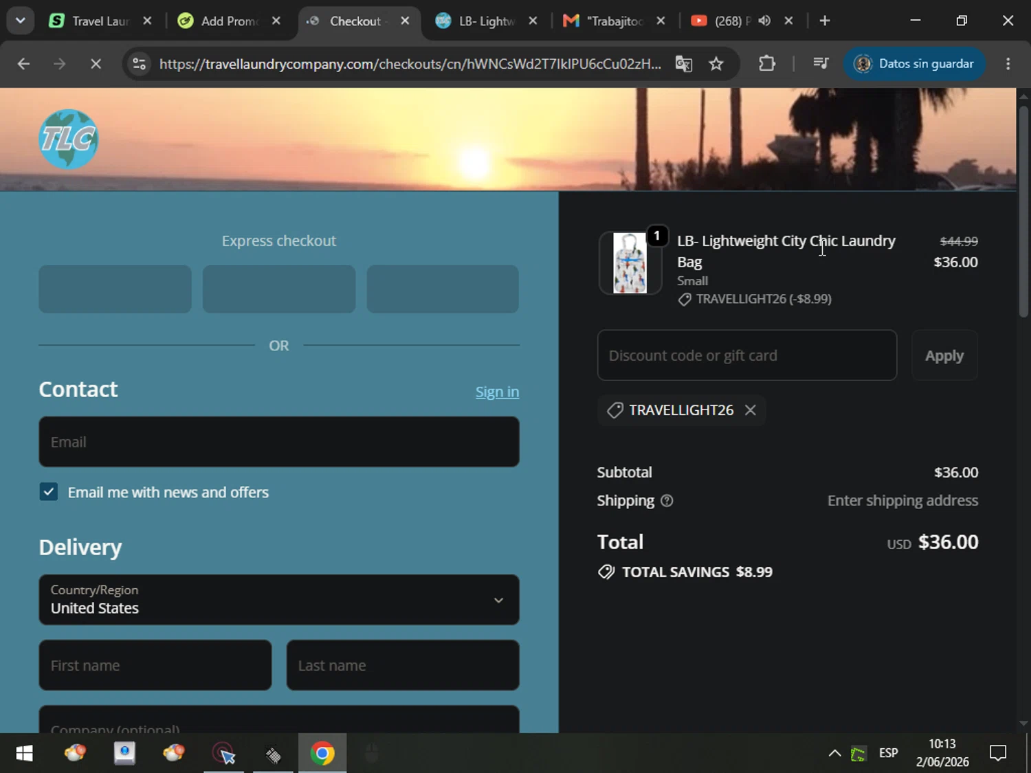 Travel Laundry promo code screenshot showing code TRAVELLIGHT26 applied at Travel Laundry checkout page. Uploaded by SimplyCodes community member MarcosAranguren on Jun 2, 2026