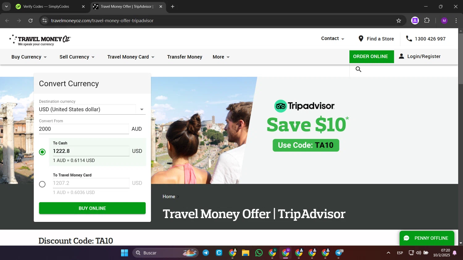 Travel Money Oz checkout page showing Travel Money Oz discount code box | Screenshot taken by SimplyCodes community member on Feb 10, 2025