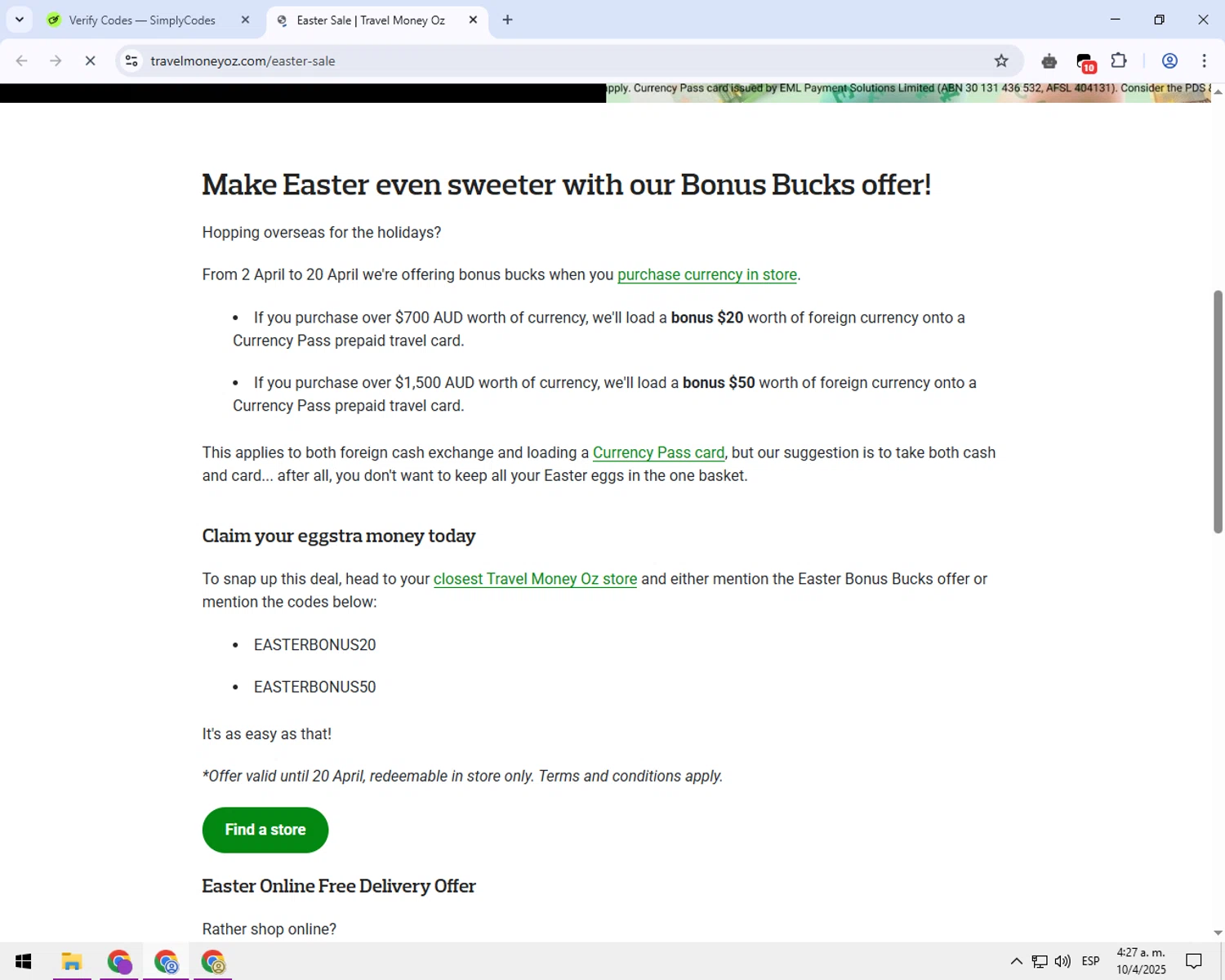 Travel Money Oz discount code screenshot showing code EASTERBONUS20 applied at Travel Money Oz checkout page. Uploaded by SimplyCodes community member balance888 on Apr 10, 2025