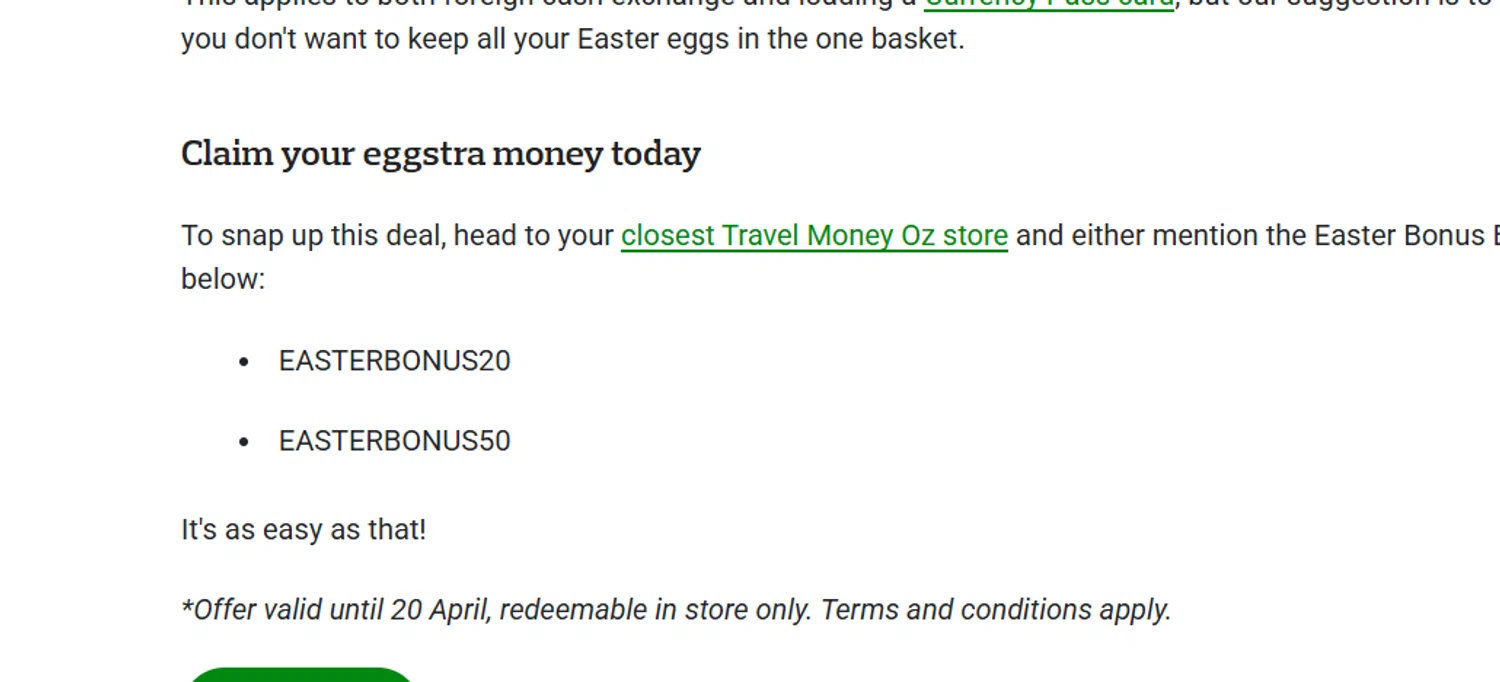 Travel Money Oz discount code screenshot showing code EASTERBONUS20 applied at Travel Money Oz checkout page. Uploaded by SimplyCodes community member SavvySentinel4769 on Apr 10, 2025
