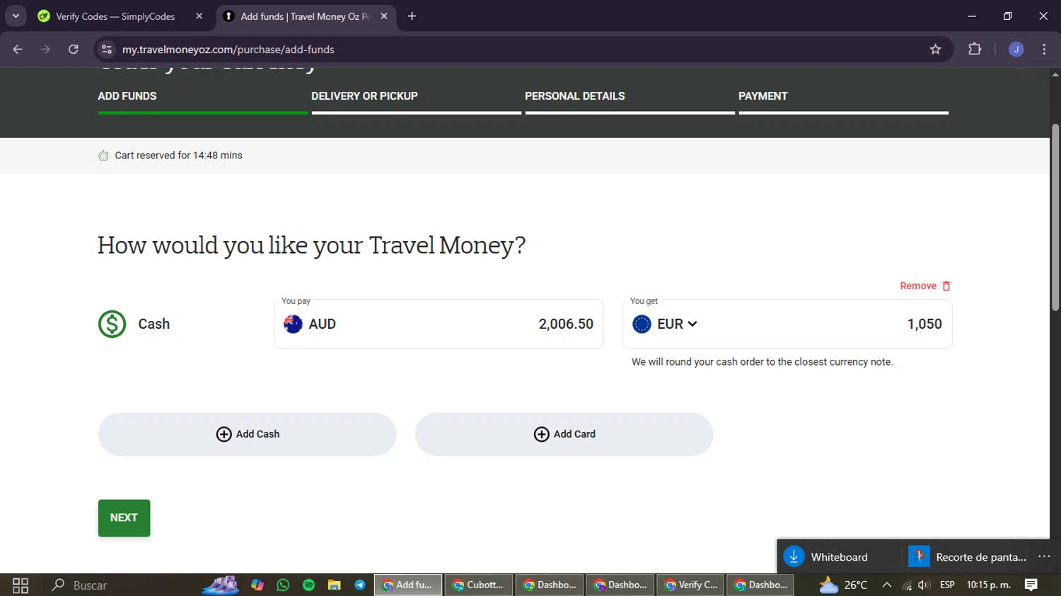 Travel Money Oz discount code screenshot showing code EASTERBONUS20 applied at Travel Money Oz checkout page. Uploaded by SimplyCodes community member junojuno on Apr 10, 2025