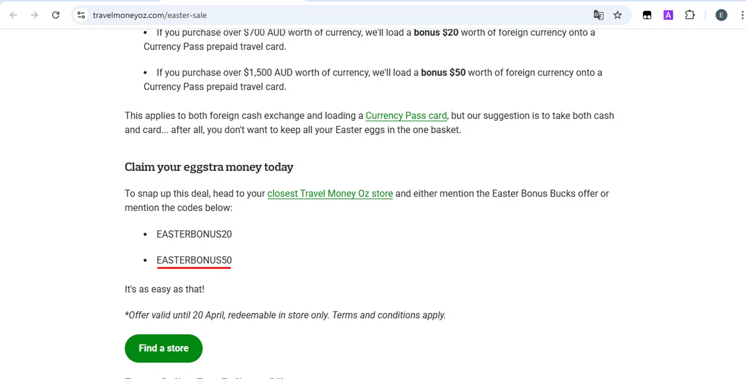 Travel Money Oz discount code screenshot showing code EASTERBONUS50 applied at Travel Money Oz checkout page. Uploaded by SimplyCodes community member SilverKnight4465 on Apr 5, 2025