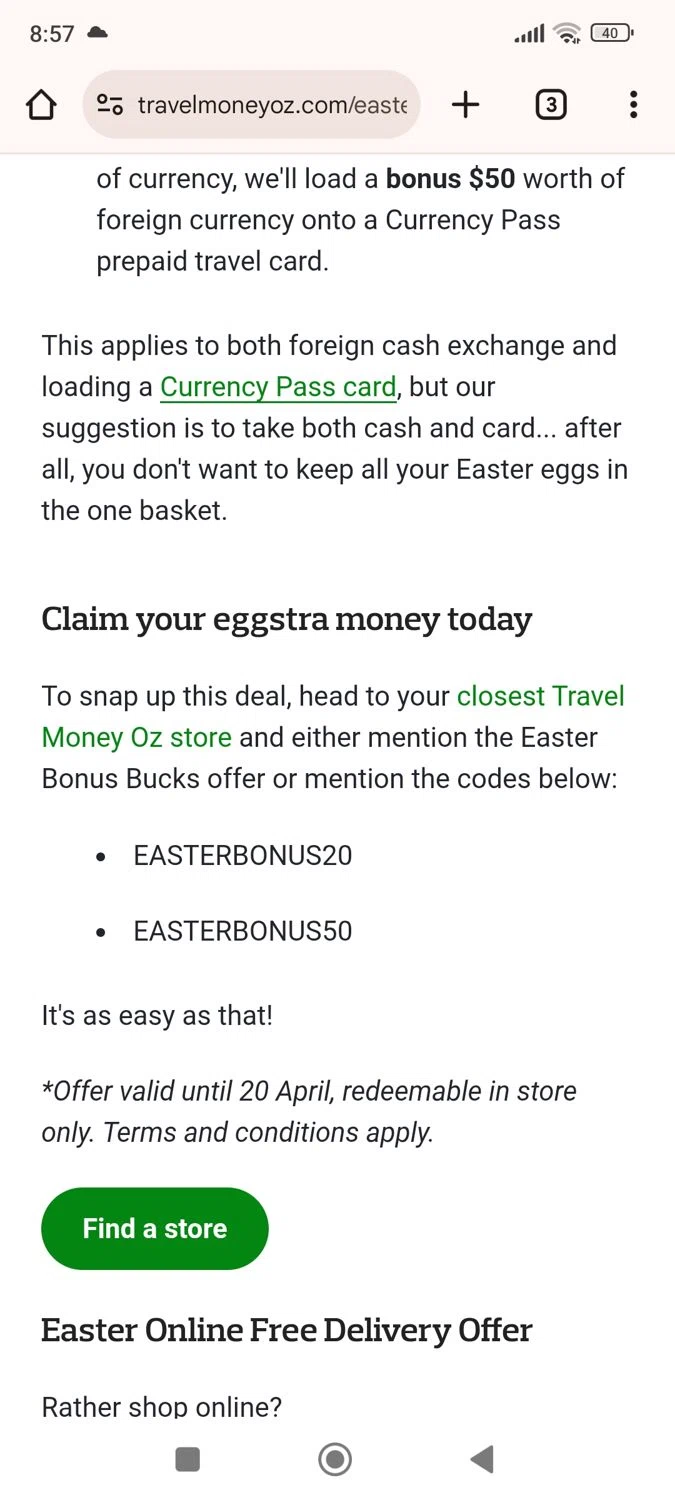 Travel Money Oz discount code screenshot showing code EASTERBONUS50 applied at Travel Money Oz checkout page. Uploaded by SimplyCodes community member bettercallkim on Apr 5, 2025